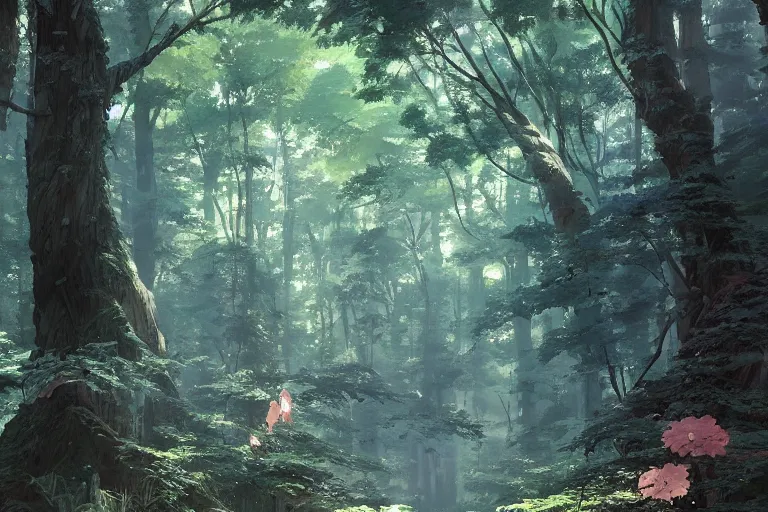 Image similar to painting of a forest by katsuhiro otomo, yoshitaka amano, nico tanigawa, artgerm, greg rutkowski makoto shinkai takashi takeuchi studio ghibli, akihiko yoshida rendered with intense 3 d effect