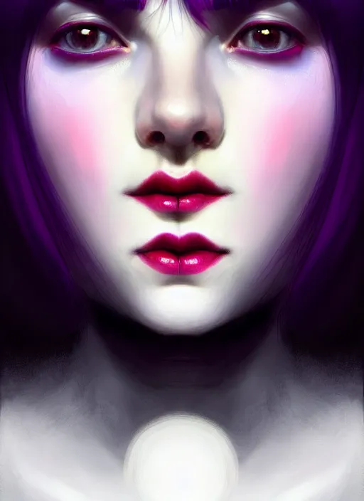 Image similar to portrait of pale teenage girl, red irises, black hair, white bangs, purple lipstick, white bangs, bangs, intricate, elegant, glowing lights, highly detailed, digital painting, artstation, concept art, smooth, sharp focus, illustration, art by wlop, mars ravelo and greg rutkowski