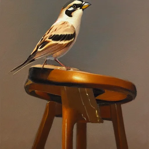 Prompt: an oil painting of a sparrow perched on a chair, highly detailed, oleo, artstation, sharp focus, by diego velazquez