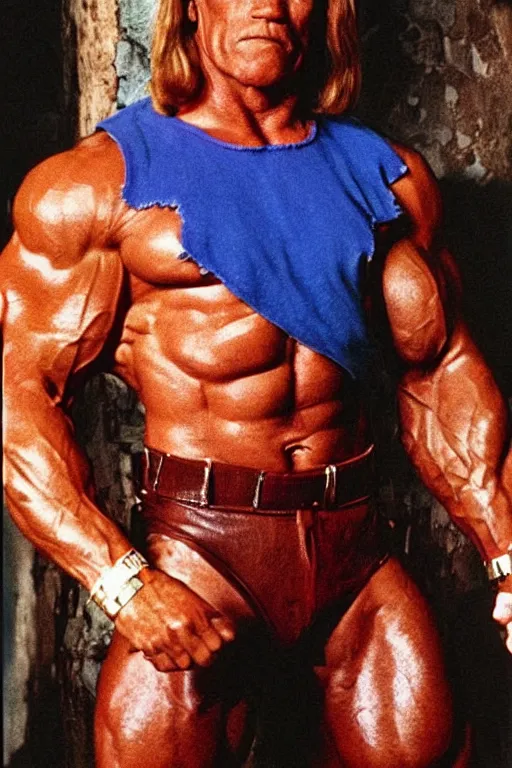 Prompt: arnold schwarzenegger as he - man, full body, symmetrical features, color photo, 1 9 8 5 photograph, kodachrome, aged paper, sergio leone, master prime lenses, cinematic