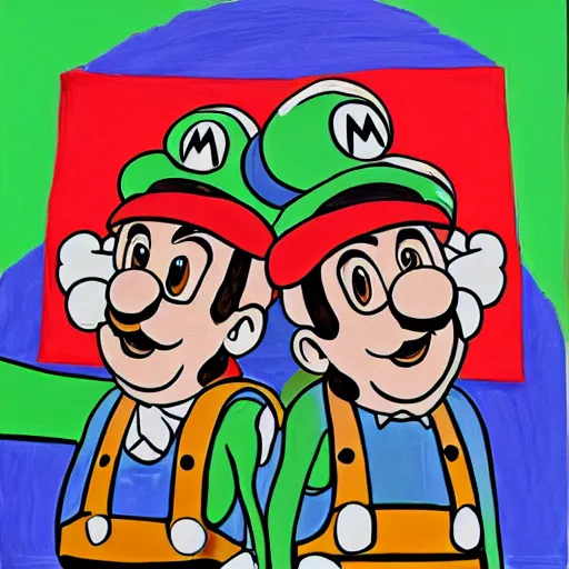 Prompt: a painting of mario and luigi in the style of stanley donwood