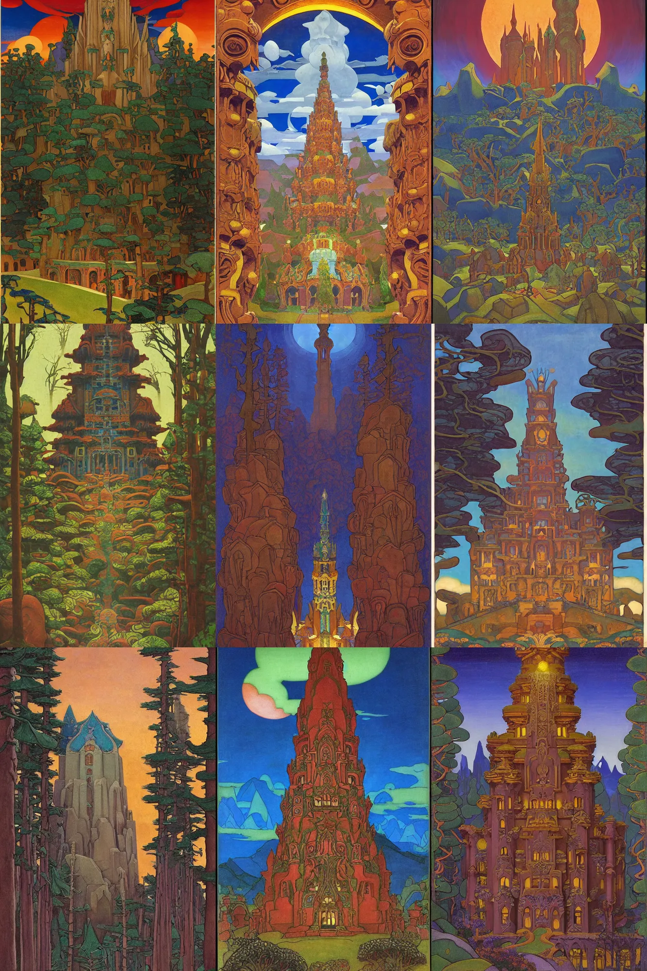 Prompt: enchanted forest tower, dramatic cinematic lighting, carved ornate architecture, rich colors, by Nicholas Roerich and William Dyce and ford madox brown and April Gornik and Diego Rivera and Tyler Edlin and (((Ivan Bilibin)))