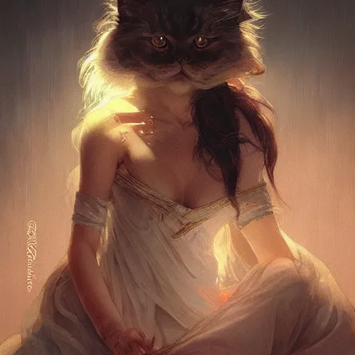 Image similar to Persian Cat, dark light night, intricate, elegant, sharp focus, illustration, highly detailed, digital painting, concept art, matte, art by WLOP and Artgerm and Greg Rutkowski and Alphonse Mucha, masterpiece