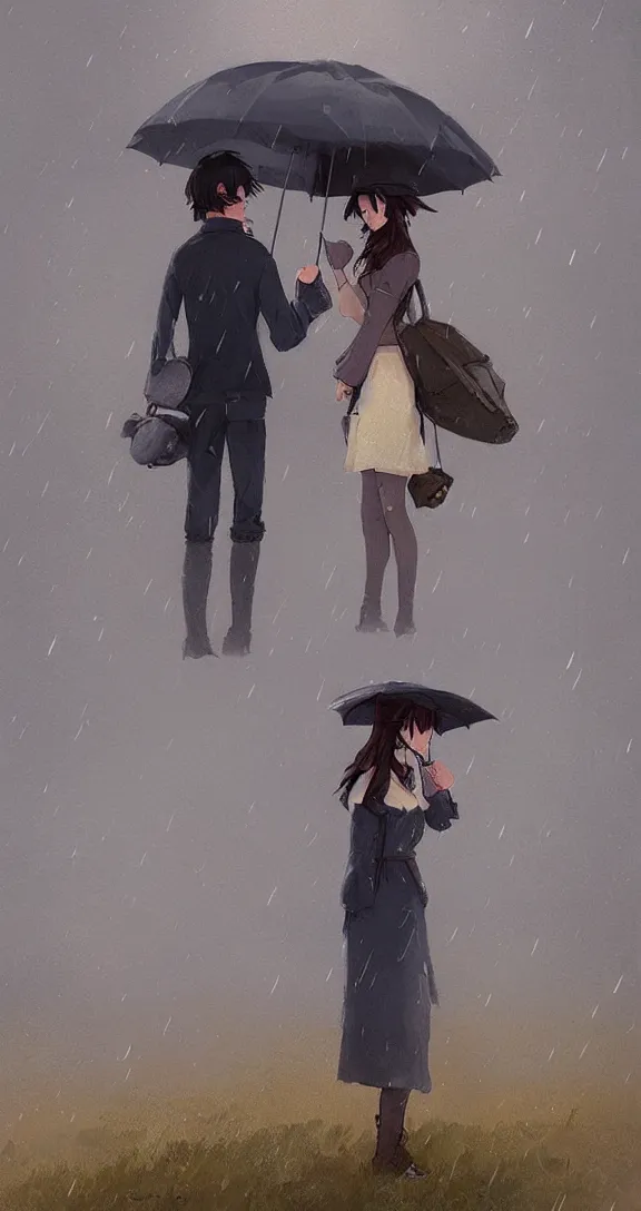 Prompt: Holding an umbrella in a thunderstorm in the prairie, pretty, by Studio Ghibli and Greg Rutkowski, artstation