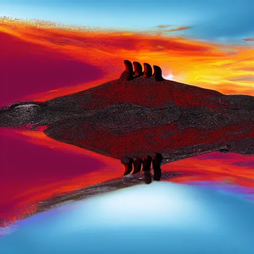 Image similar to a red sky and molten ground landscape, easter island heads are sinking in to the ground crumbling and seems to be fighting a storm or volcano, digital art