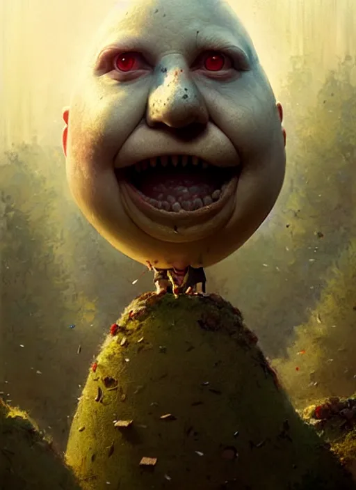 Image similar to portrait of live action humpty dumpty by greg rutkowski. cinematic film still