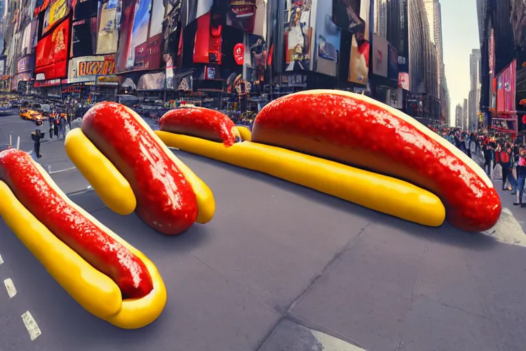 Prompt: a photograph of a giant hotdog sculpture in the center of a new york street, a large crowd have gathered, by Claes Oldenburg, pop art, 3D render, Volumetric dynamic lighting, Highly Detailed, Cinematic Lighting, Unreal Engine, 8k, HD