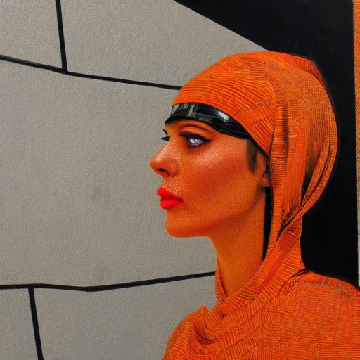 Image similar to detailed portrait of a beautiful woman, courtyard, capital, mosque interior, reflections, control panel, watcher, omniscient, covered walkway, obsidian, orange teal gray black, tech noire, few neon signs, surreal oil on canvas