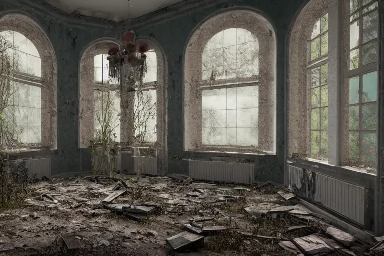 Image similar to ruined, abandoned polish mansion, seen from inside. Diffused light falls through the broken windows. Dirt, leaves on ground. Unreal Engine. Substance painter. Zbrush. Trending on artstation. 8K. Highly detailed.