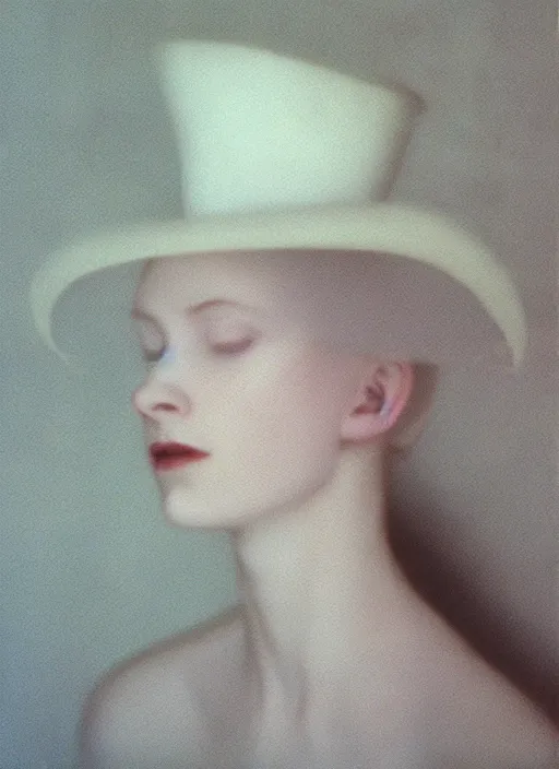 Image similar to out of focus photorealistic portrait of a beautiful pale young woman by sarah moon, very blurry, translucent white skin, closed eyes, foggy, closeup, with a weird hat