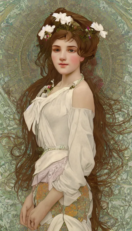 Prompt: elegant, cute girl portrait with open chest white ancient clothes with flovers by alphonse mucha, and octane render