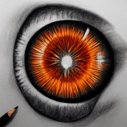 Image similar to hyper realistic pencil drawing of the human eye, unlimited detail, colored, space, dragon, intricate, detail, phoenix, orange