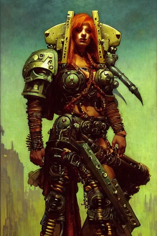 Prompt: full character portrait max mad cyberpunk warhammer 4 0 k, barbarian tech priest berserker not the girl with the pearl earring character design, painting by gaston bussiere, katsuya terada, nc wyeth, greg rutkowski, craig mullins, vermeer, frank frazetta, mucha, tom of finland, trending on artstation, jeffery catherine jones