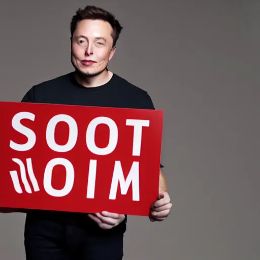 Prompt: a medium shot photograph of elon musk holding a sign with the word soon on it, 4k, ultra HD