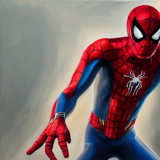 Image similar to photorealistic, hyperdetailed oil painting of a spider - man and iron man hybrid