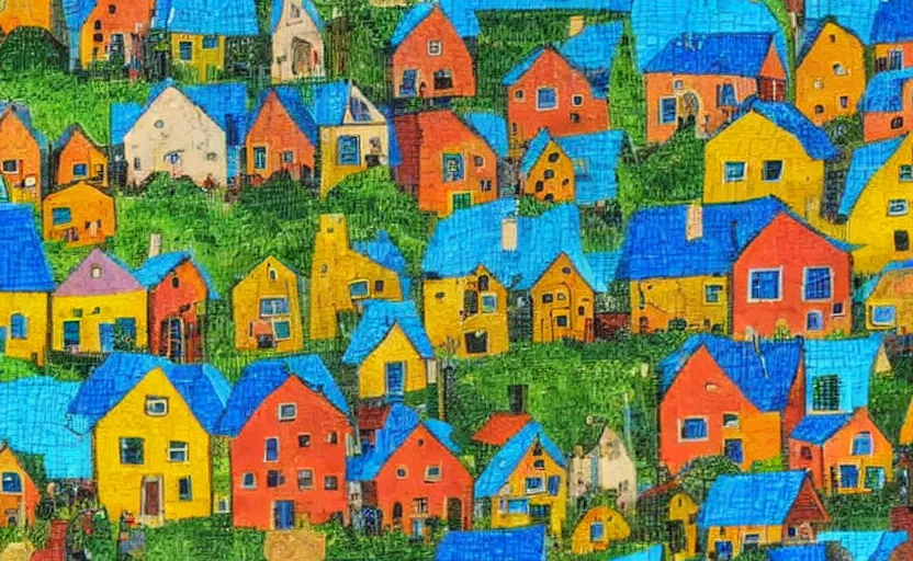 Prompt: village, houses with faces, yellow, green, orange, naive, detailed