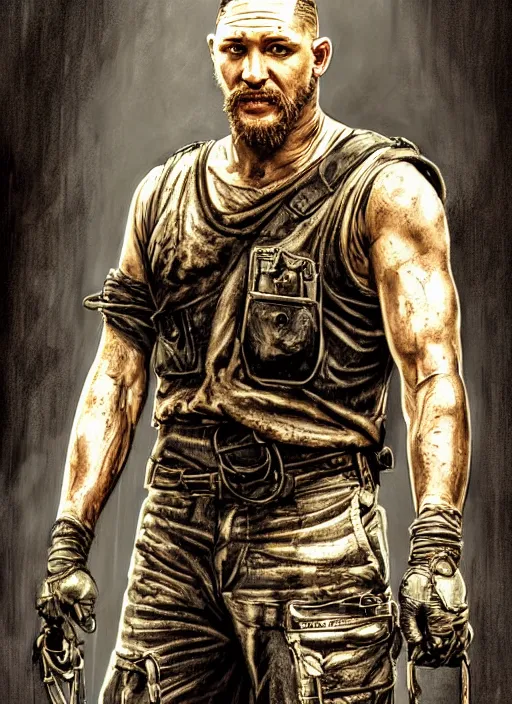 Image similar to portrait of Tom Hardy as a mechanic character in Mad Max: Fury Road, looking at camera, intricate, dystopian, sci-fi, extremely detailed, digital painting, artstation, concept art, smooth, sharp focus, illustration, soft lighting, incredible art by artgerm and greg rutkowski and alphonse mucha and simon stalenhag