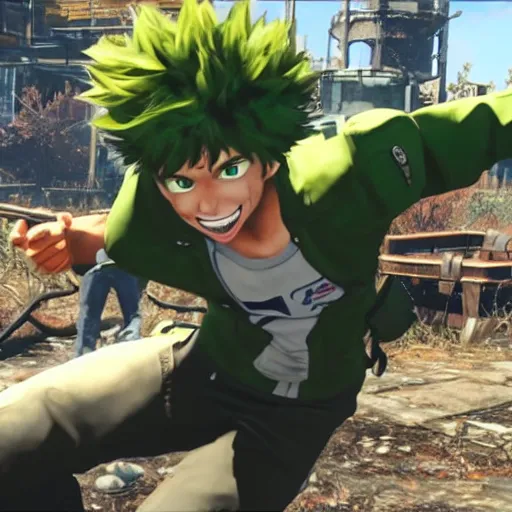 Prompt: izuku midoriya, fallout 4 gameplay