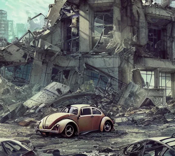 Image similar to one single Volkswagen Beetle in a pile of rubble in the ruins of a house. Post apocalyptic, ruins, rubble, gloomy. By Makoto Shinkai, Stanley Artgerm Lau, WLOP, Rossdraws, James Jean, Andrei Riabovitchev, Marc Simonetti, krenz cushart, Sakimichan, trending on ArtStation, digital art.