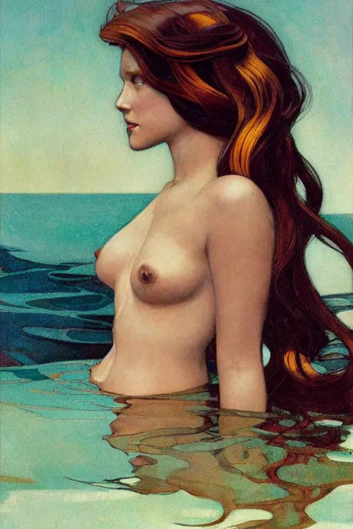 Image similar to Portrait, dark sultry beautiful mermaid with long flowing hair, by N.C. Wyeth, j.c. Leyendecker, Brom, face by Otto Schmidt