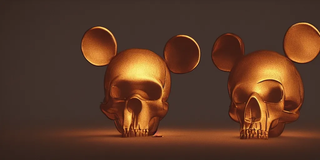 Prompt: mickey mouse with a human skull for a head. occult photorealism, UHD, amazing depth, glowing, golden ratio, 3D octane cycle unreal engine 5, volumetric lighting, cinematic lighting, cgstation artstation concept art