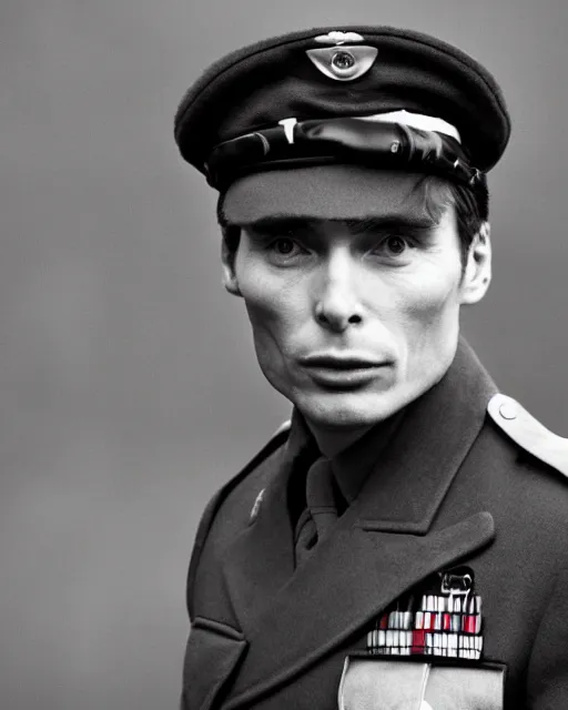 Prompt: cillian murphy in a world war ii uniform, black and white film photography