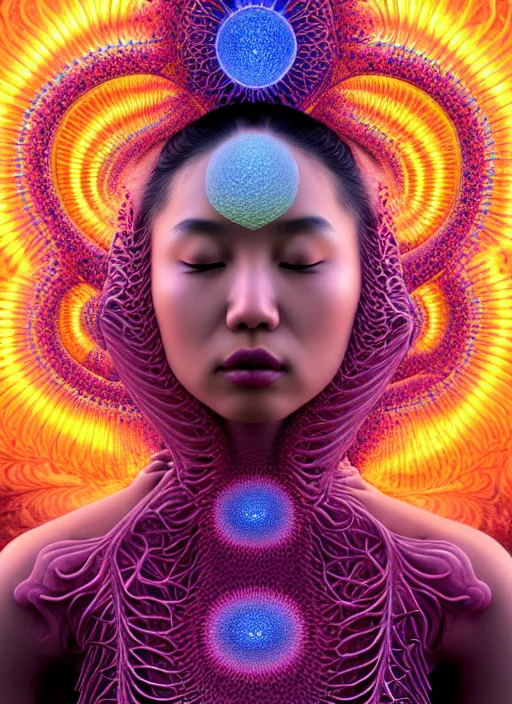Prompt: ecstatic beautiful young asian woman tripping by irakli nadar, several layers of 3 d coral and light fractals radiating behind with sacred geometry, orgasm, cosmic, natural, awakening, symmetrical, in the style of ernst haeckel and alex grey, effervescent, warm, photo realistic, epic and cinematic