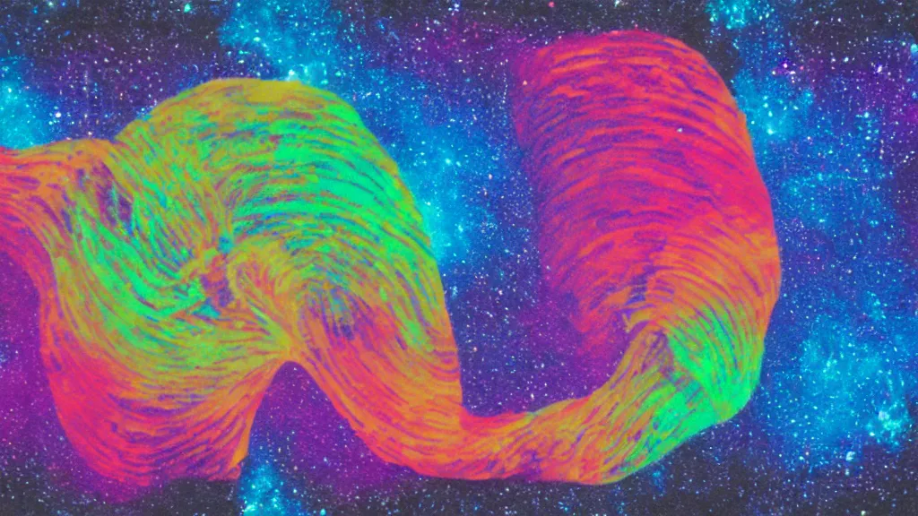 Image similar to psychedelic polaroid product photo of a perfectly shaped wavy ridged potato chip, levitating in the cosmic night sky