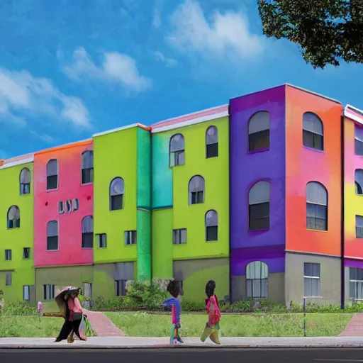 Prompt: a colorful crooked multi story school building designed by Tim Burton, realistic render, 4k