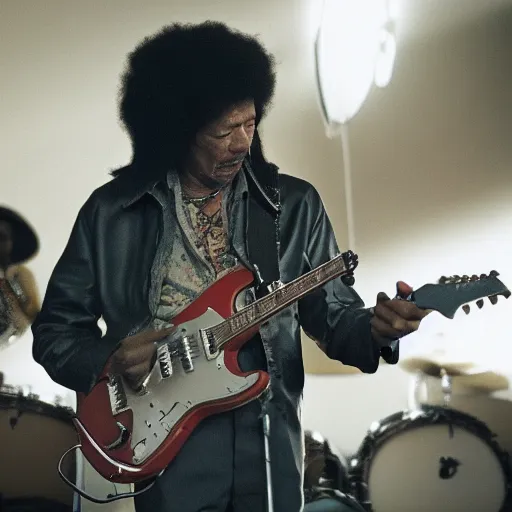 Prompt: a cinematic film still of Morgan Freeman starring as Jimi Hendrix, portrait, 40mm lens, shallow depth of field, close up, split lighting, cinematic