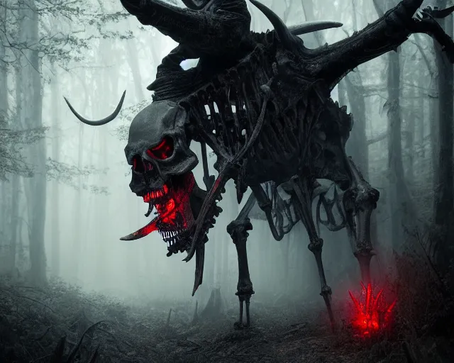 Image similar to 5 5 mm portrait photo of an armored demonic human skeleton with horns and red eyes, in a magical forest. dark atmosphere. art by greg rutkowski. highly detailed 8 k. intricate. lifelike. soft light. nikon d 8 5 0.