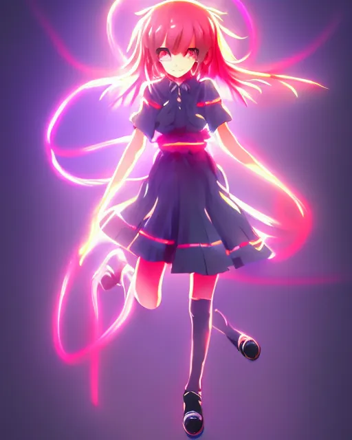 Image similar to anime style, vivid, expressive, full body, 4 k, painting, a cute magical girl idol with a long wavy hair wearing a dress fighting monsters, correct proportions, stunning, realistic light and shadow effects, neon lights, studio ghibly makoto shinkai yuji yamaguchi