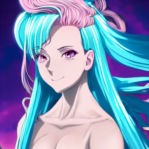 Image similar to stunningly beautiful omnipotent megalomaniacal anime goddess with porcelain skin, pink hair and mesmerizing cyan eyes, symmetrical perfect face smiling in a haughty way, mid view, hyperdetailed, 2 d, 8 k