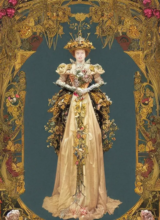 Image similar to a magnificent robot young queen elizabeth of england, neo - rococo gilded engraved armor with precious stones, a heavy richly embroidered velvet cloak, with lush rose bush all around, by victor ngai, alphonse mucha, william bouguereau, william morris, symmetrical features, symmetrical pose, wide angle shot, head to toe, standing pose, feet on the ground