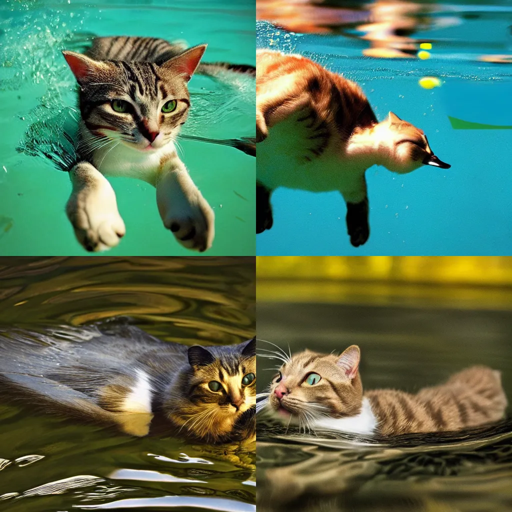 Prompt: cat duck hybrid swimming, national geographic photography, masterpiece