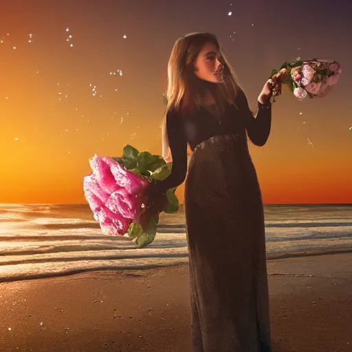 Image similar to cinematic shot of the singer Seal holding a bouquet of roses on a beach at sunset, highly intricate, highly detailed,