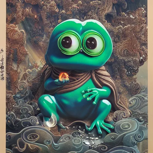 Image similar to plasticine wet shiny angels, crystal, moonlit, mirrors, camera angled dramatically, realistic, a hyperdetailed design of pepe the frog, wearing blue shirt, ferocious, chinese mythology, victo nga, fumo yoshitoshi, ren jing jeong, feifei ruan, peter mohrbacher, takato yamamoto