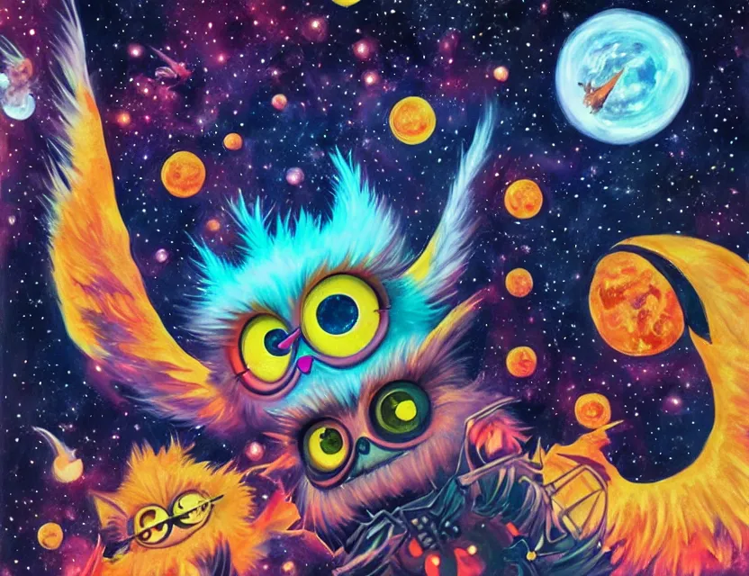 Prompt: interdimensional furby ruling over celestial bodies. this gouache painting by the award - winning mangaka has dramatic lighting, an interesting color scheme and intricate details.