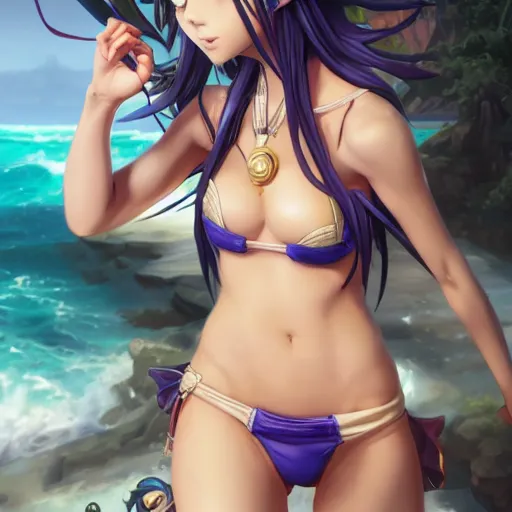 Image similar to photograph of pretty anime girl in bikini, jojo's bizarre adventure live action, fantasy, intricate, elegant, highly detailed, artstation, concept art, matte, sharp focus, illustration, hearthstone, art by artgerm and greg rutkowski
