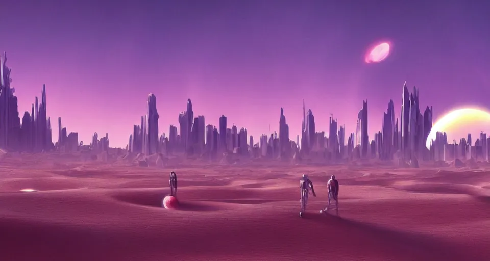 Image similar to Sci-fi landscape of a desert with two suns suns in the sky and futuristic city in the background, purple color-theme, cinematic, science-fiction art wallpaper, stunning digital art