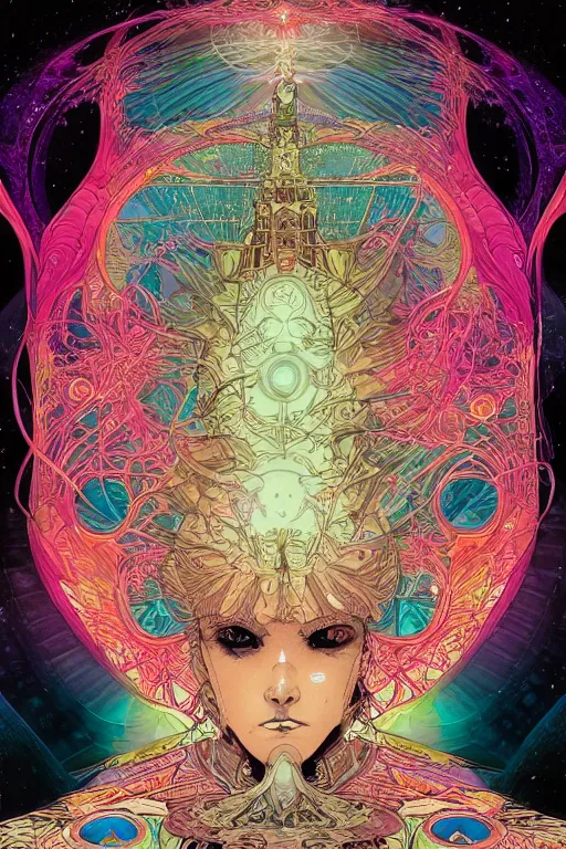 Image similar to the empress by travis charest and laurie greasley, detailed, kaleidoscope, psychedelic, cosmic energy by Kelly McKernan, yoshitaka amano, hiroshi yoshida, moebius, artgerm, cool tone pastel rainbow colors, inspired by dnd, iridescent aesthetic, centered symmetrical and detailed