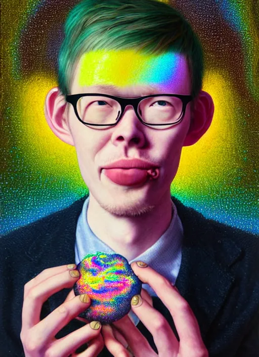 Image similar to hyper detailed 3d render like a Oil painting - kawaii portrait of Hank Green in Aurora (Singer) seen Eating of the Strangling network of yellowcake aerochrome and milky Fruit and Her delicate Hands hold of gossamer polyp blossoms bring iridescent fungal flowers whose spores black the foolish stars by Jacek Yerka, Mariusz Lewandowski, Houdini algorithmic generative render, Abstract brush strokes, Masterpiece, Edward Hopper and James Gilleard, Zdzislaw Beksinski, Mark Ryden, Wolfgang Lettl, hints of Yayoi Kasuma, octane render, 8k