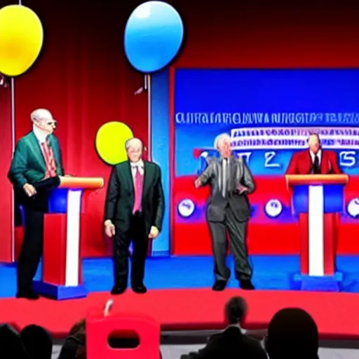 Prompt: chaotic political debate, clowns, on stage, photo realistic