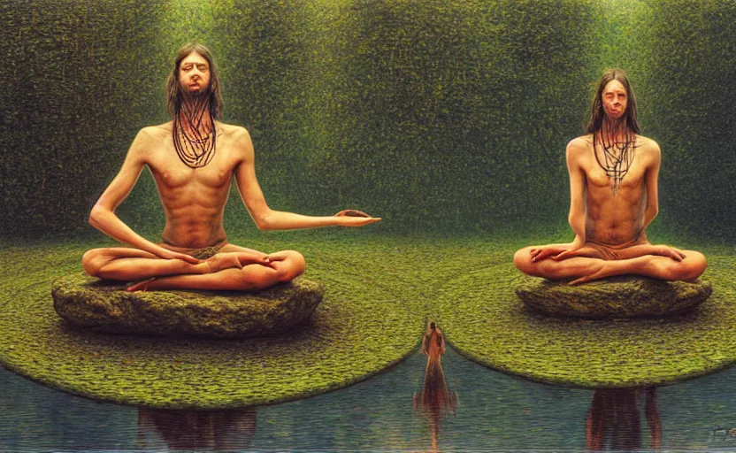 Prompt: psychedelic shaman meditating in the lotus position, levitating over reflecting pool hd by Peter gric