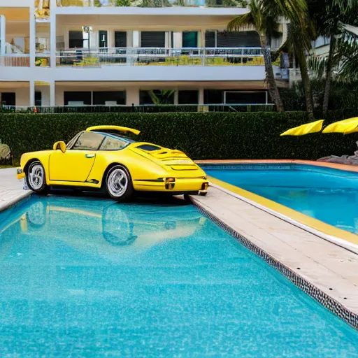 Prompt: a yellow porsche 9 1 1 in a palm beach swimming pool