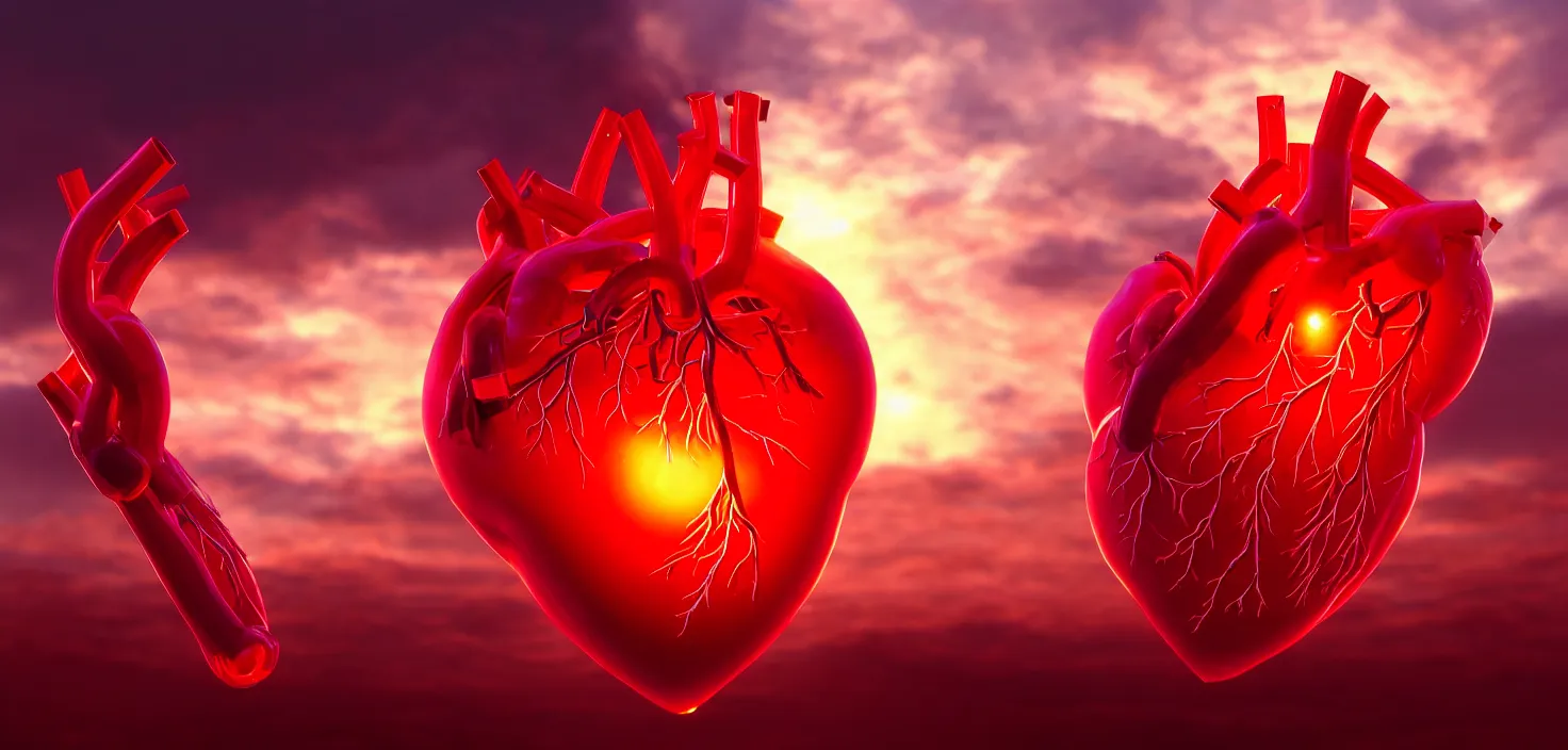 Prompt: close - up 3 d anatomical model of a human heart made of transparent red glass, cinematic view, epic sky, detailed, concept art, low angle, high detail, warm lighting, volumetric, godrays, vivid, beautiful, trending on artstation, by jordan grimmer, huge scene, grass, art greg rutkowski