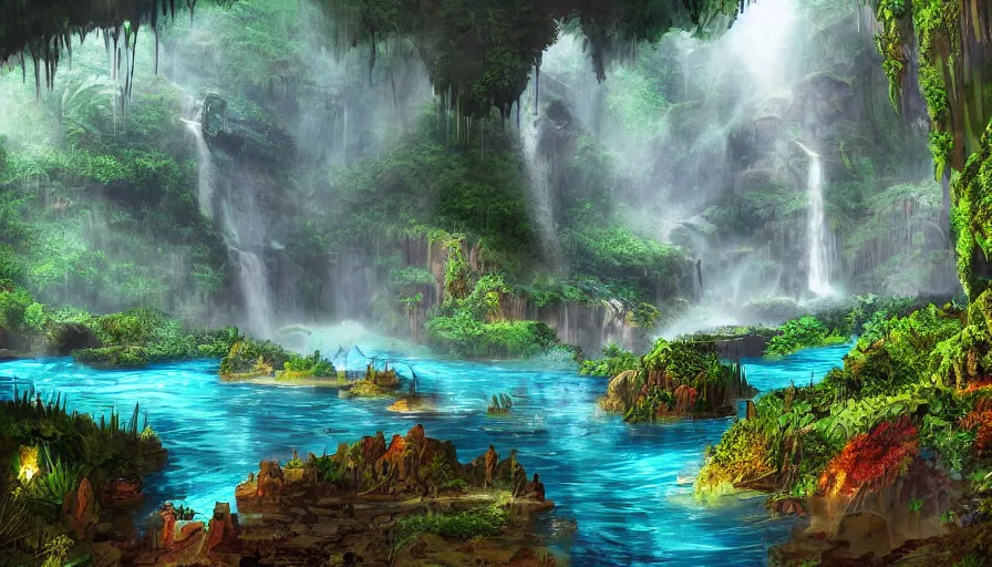 Image similar to concept art of a huge underground jungle cave with waterfalls, lakes, luminescent plants, colorful, high detailed, ultra realistic