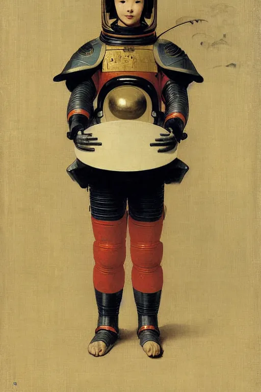 Image similar to portrait of a astronaut in japanese samurai armor and helmet, by bouguereau