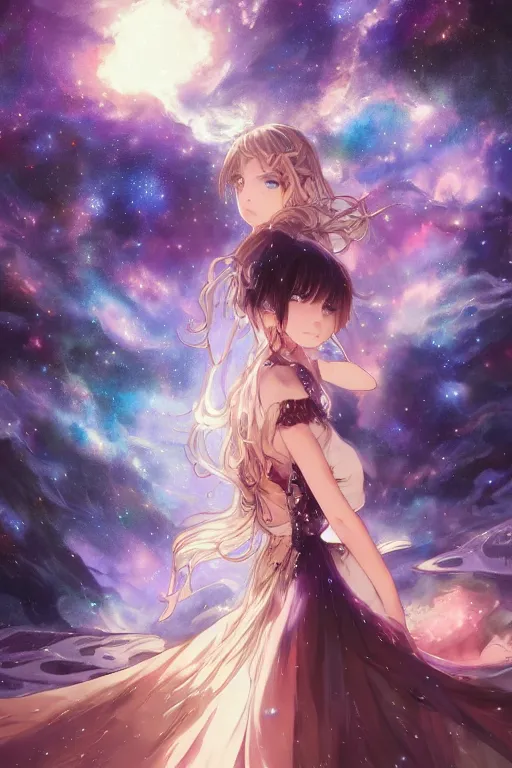 Image similar to anime key visual of a beautiful girl wearing a dress made of stars and nebulae, dramatic, volumetric lighting, planets in the background, intricate, magical forest, stunning, highly detailed, digital painting, artstation, smooth, hard focus, illustration, art by artgerm and greg rutkowski and alphonse mucha