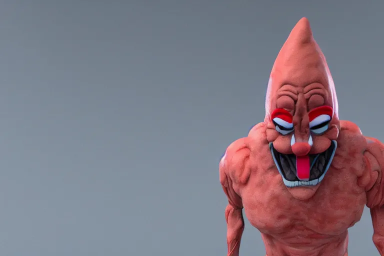 Image similar to a giant horrific clown in the distance, made of flesh and muscles, 3 d render, blender,